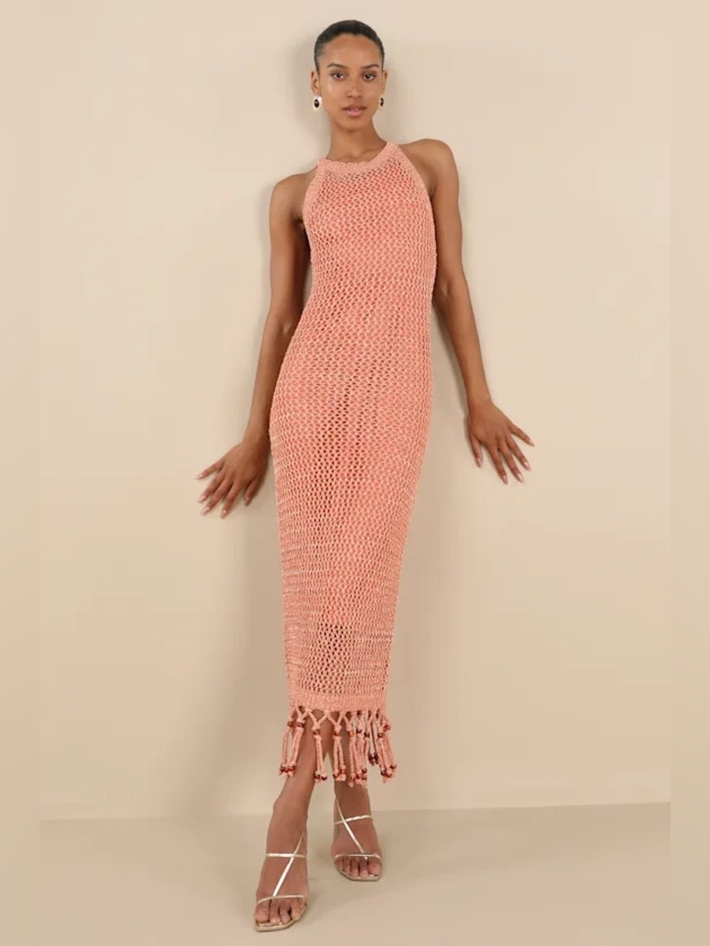 Lulus Marama Shiny Coral Crochet Sleeveless Fringe Midi Dress